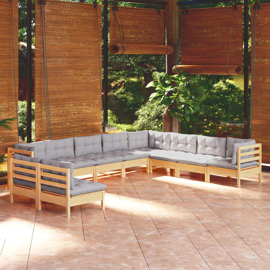 10Pcs conjunto lounge de jardim + almofadões cinza pinho maciço