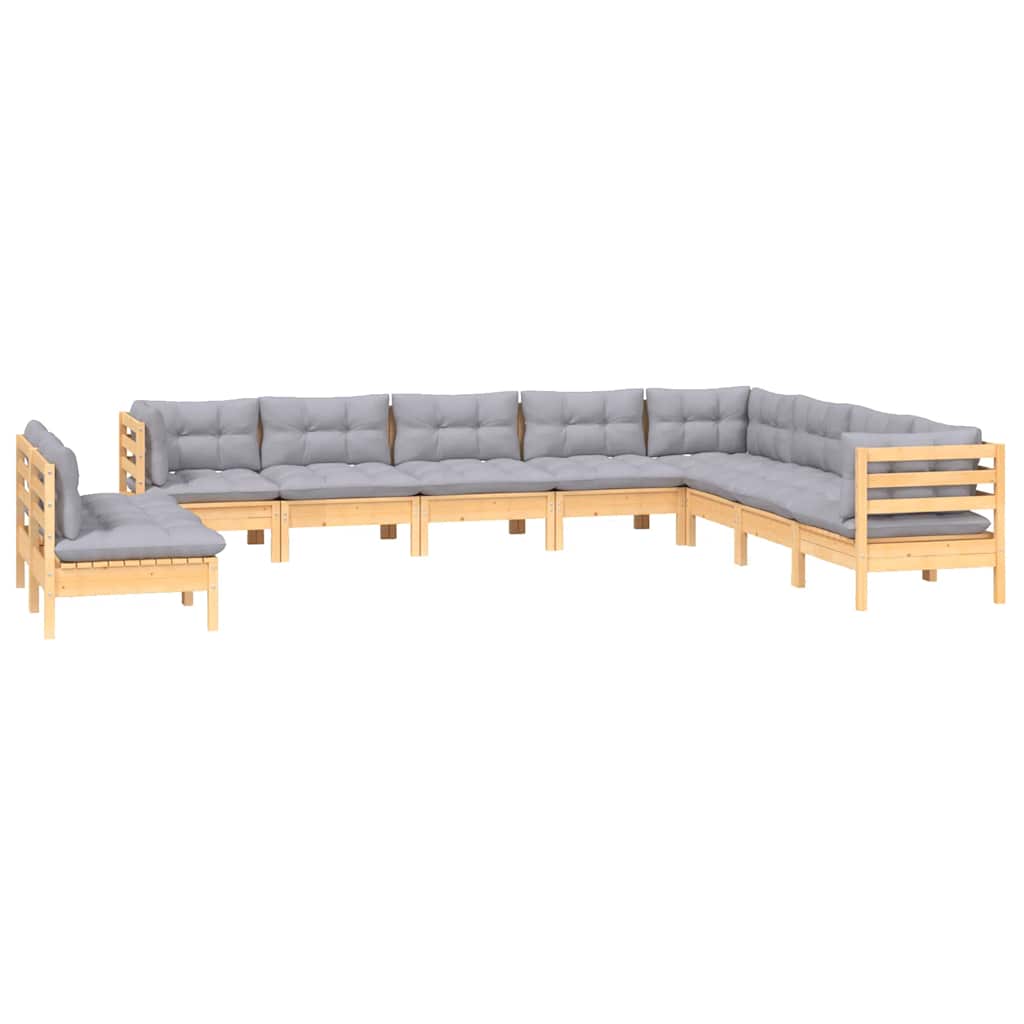 10Pcs conjunto lounge de jardim + almofadões cinza pinho maciço