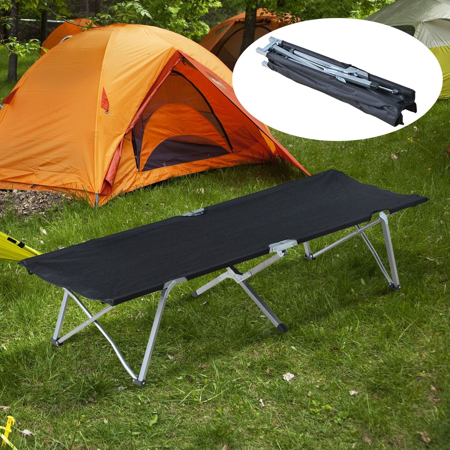 Cama de campismo dobrável de tela oxford 600d com estrutura metálica suporta até 136 kg para praia e caminhadas 193x64x40 cm preto