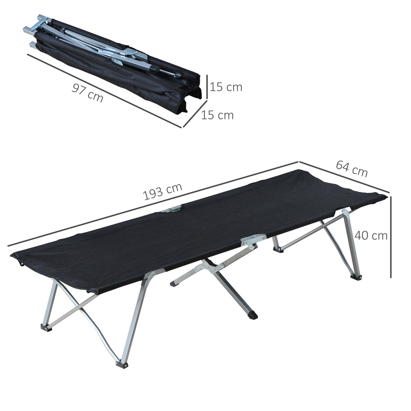 Cama de campismo dobrável de tela oxford 600d com estrutura metálica suporta até 136 kg para praia e caminhadas 193x64x40 cm preto