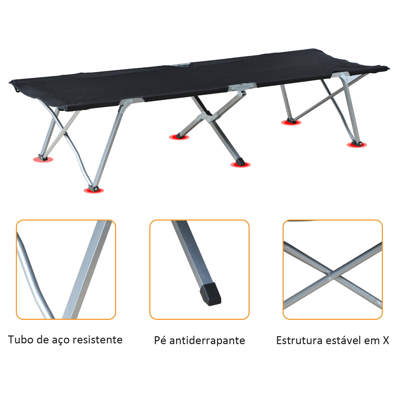 Cama de campismo dobrável de tela oxford 600d com estrutura metálica suporta até 136 kg para praia e caminhadas 193x64x40 cm preto