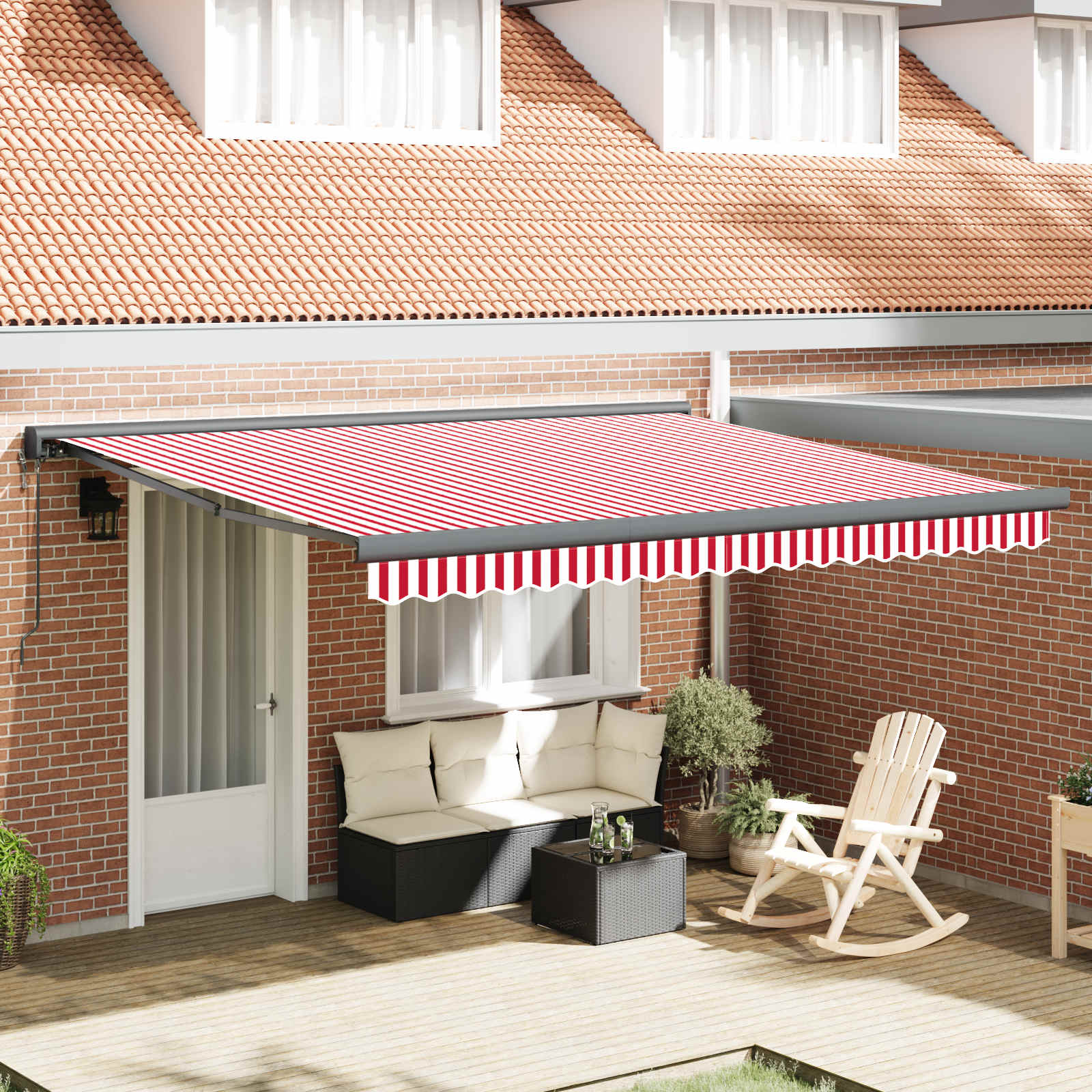 Toldo retrátil vermelho e branco 400 × 300 cm tecido e metal