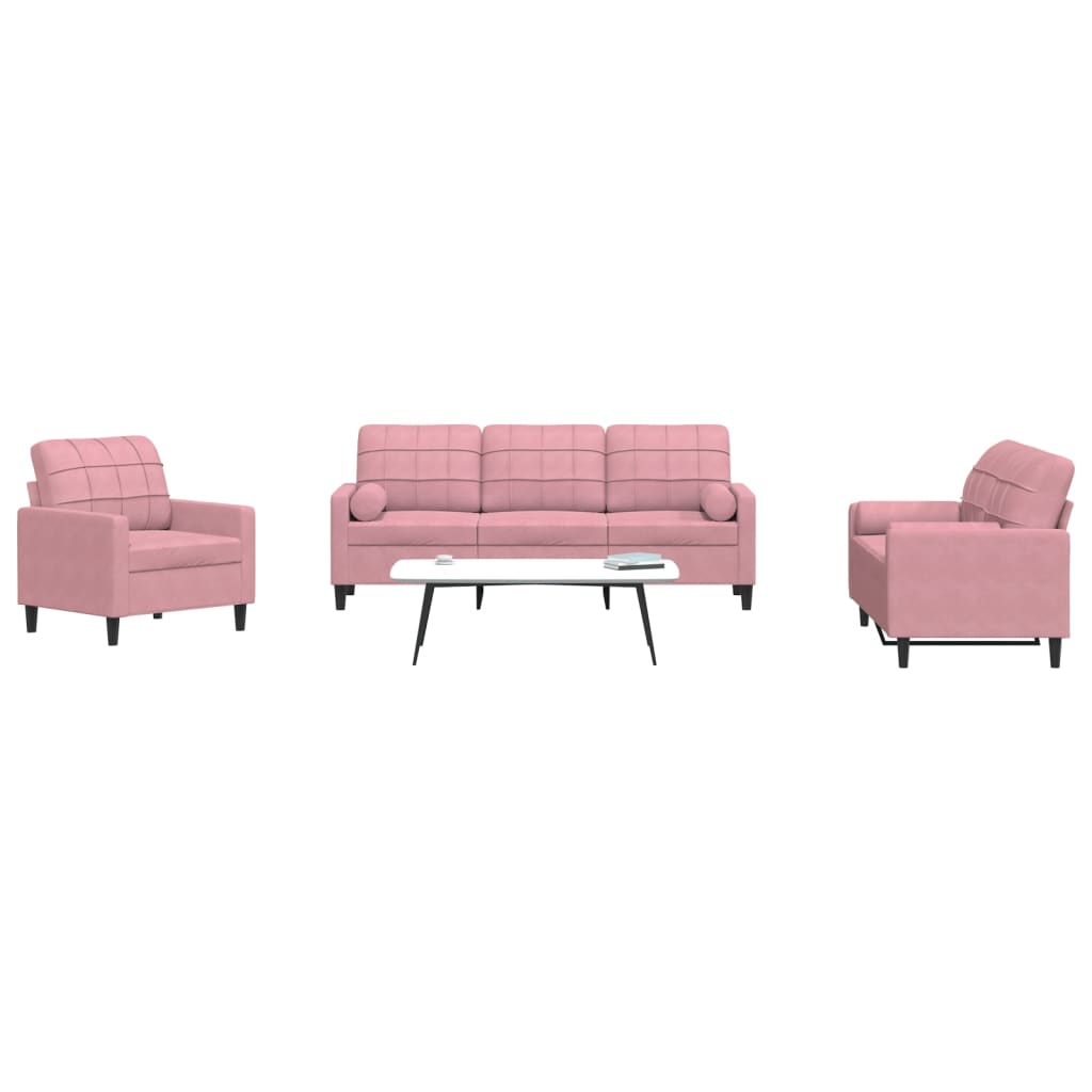 3 Pcs conjunto de sofás com almofadões e rolos veludo rosa