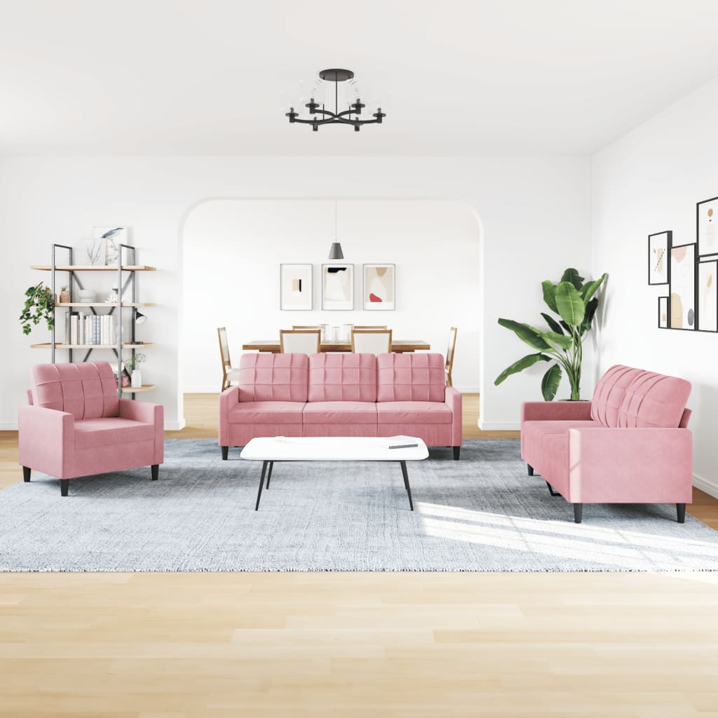 3 Pcs conjunto de sofás com almofadões e rolos veludo rosa