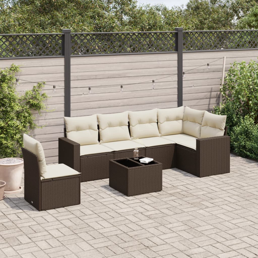 7 Pcs conjunto de sofás jardim c/ almofadões vime PE castanho