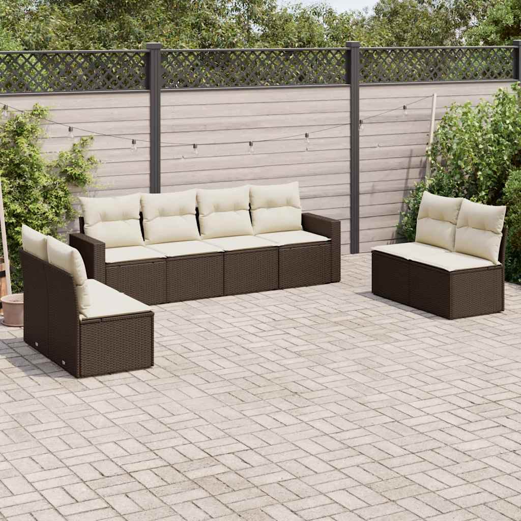 8 Pcs conjunto sofás de jardim c/ almofadões vime PE castanho