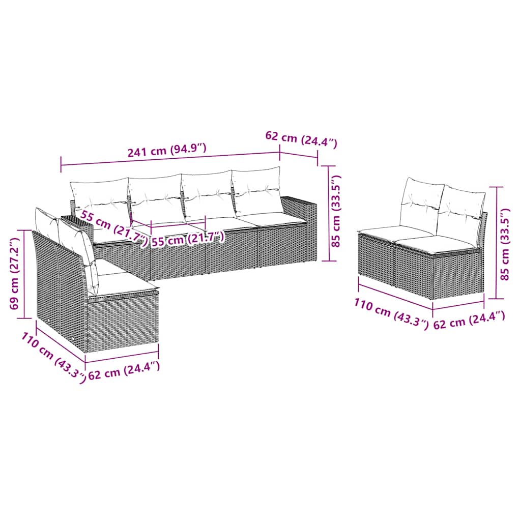 8 Pcs conjunto sofás de jardim c/ almofadões vime PE castanho