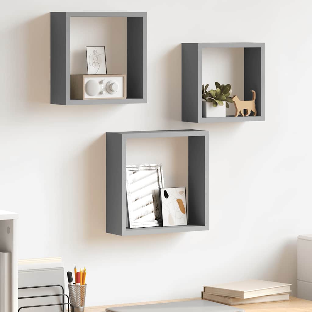 Prateleiras de parede em forma de cubo 3 pcs MDF cinzento