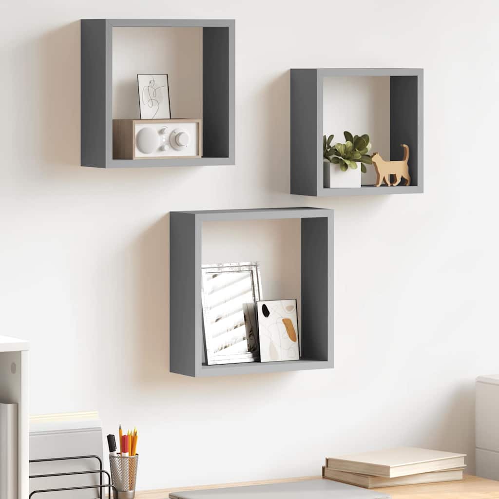 Prateleiras de parede em forma de cubo 3 pcs MDF cinzento