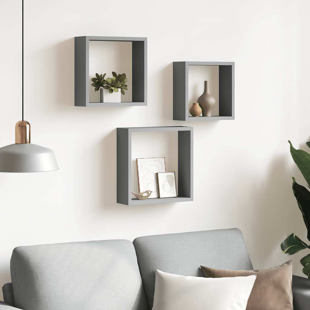 Prateleiras de parede em forma de cubo 3 pcs MDF cinzento