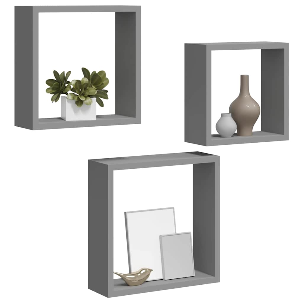 Prateleiras de parede em forma de cubo 3 pcs MDF cinzento