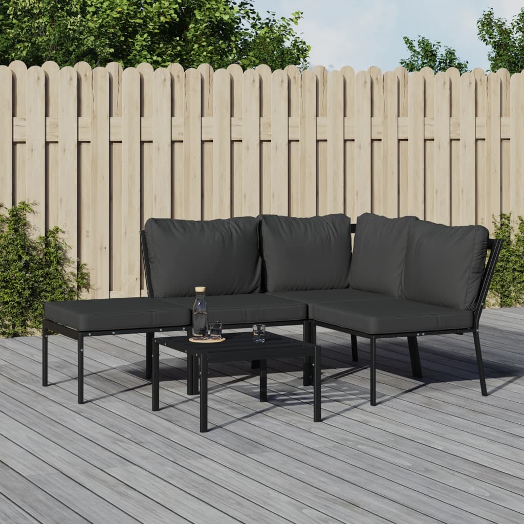 5 Pcs conjunto lounge de jardim aço c/ almofadões cinzentos