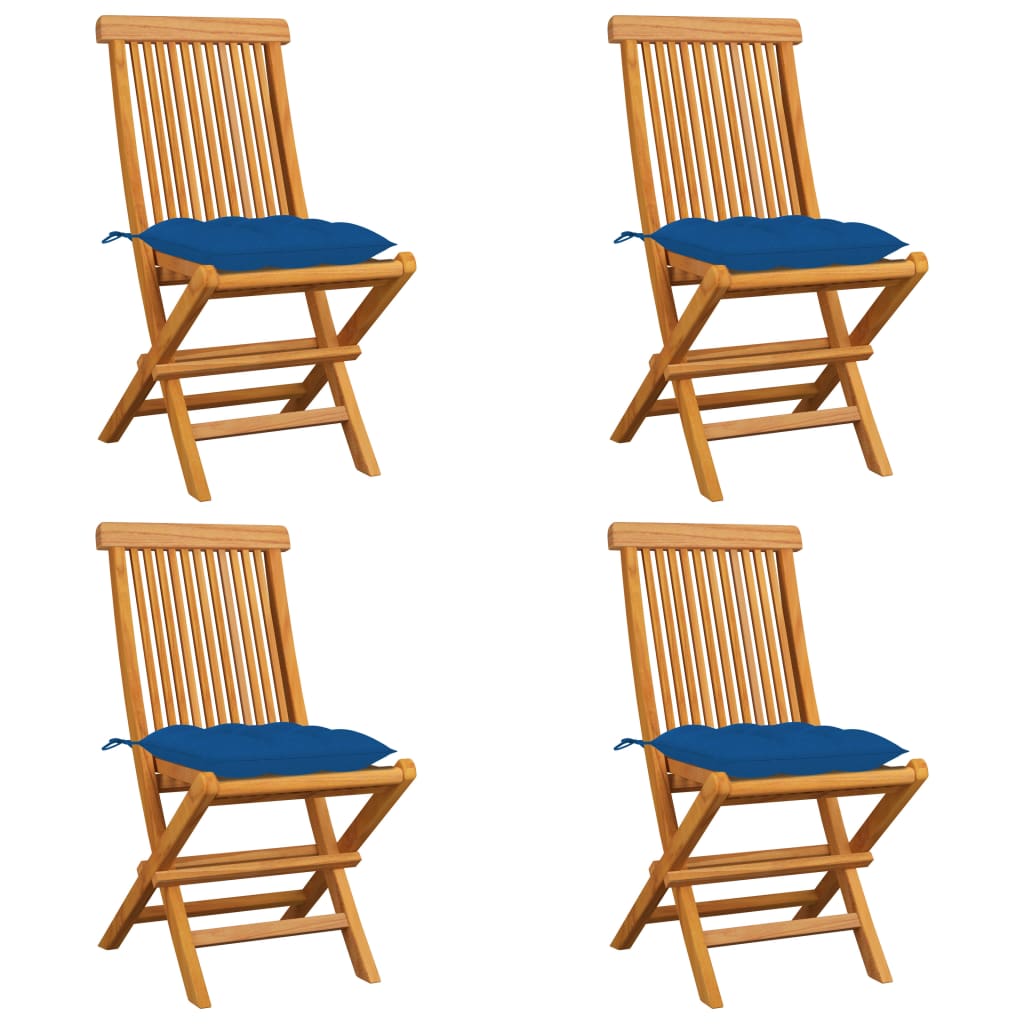Cadeiras de jardim c/ almofadões azuis 4 pcs teca maciça