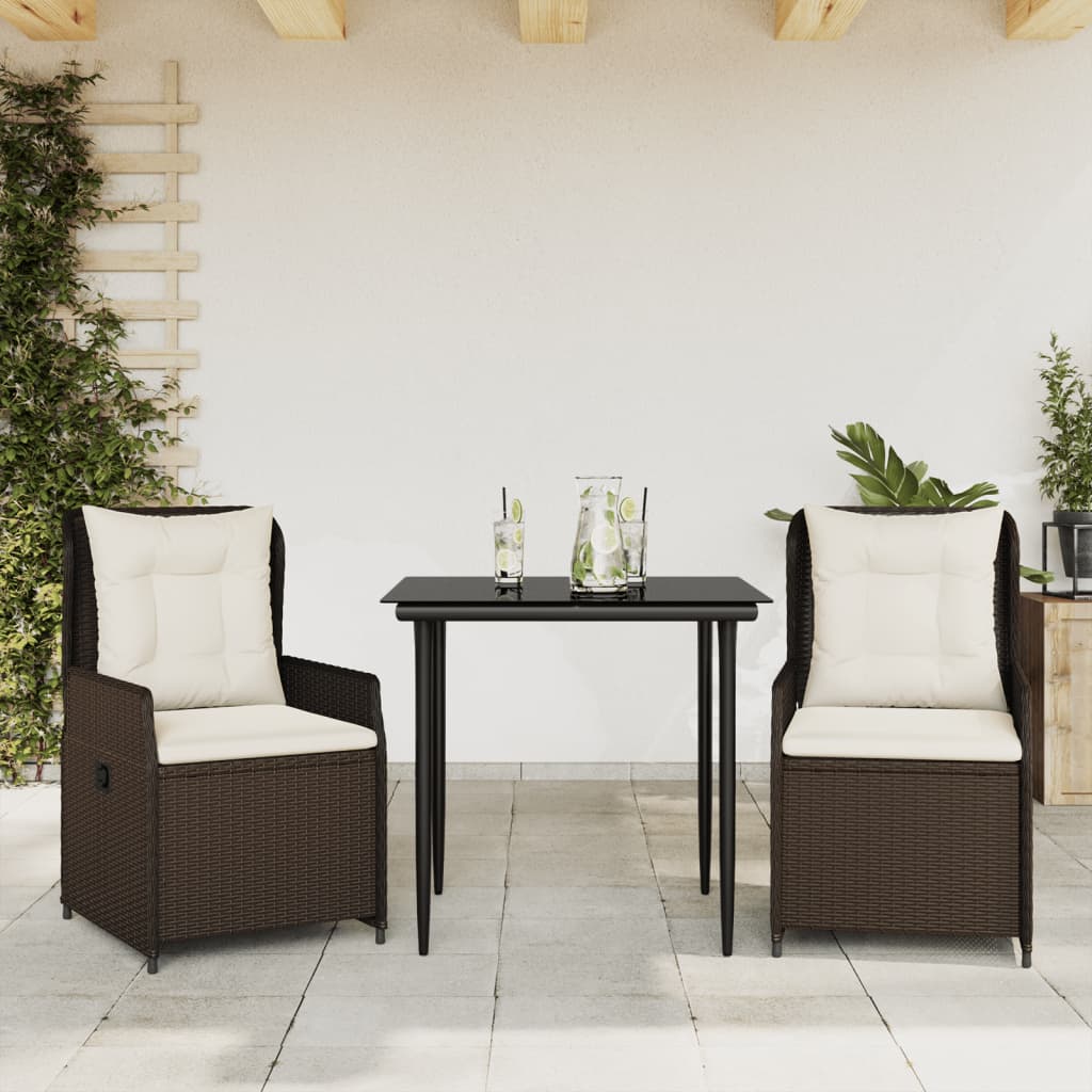 3 Pcs conjunto jantar p/ jardim c/ almofadões vime PE castanho