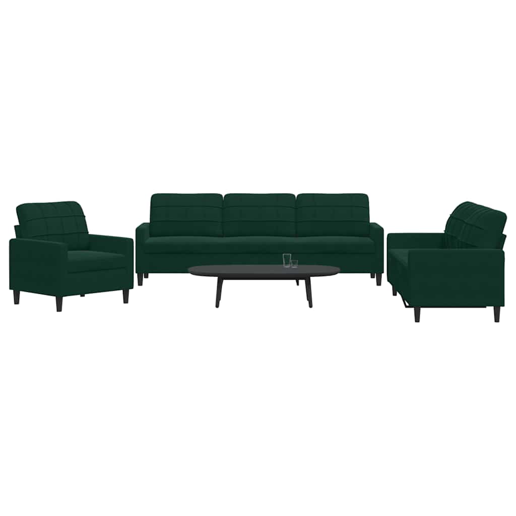 3 Pcs conjunto de sofás com almofadões veludo verde-escuro