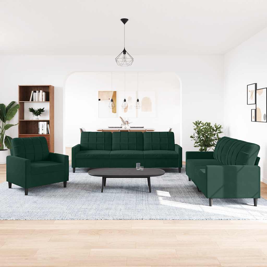 3 Pcs conjunto de sofás com almofadões veludo verde-escuro