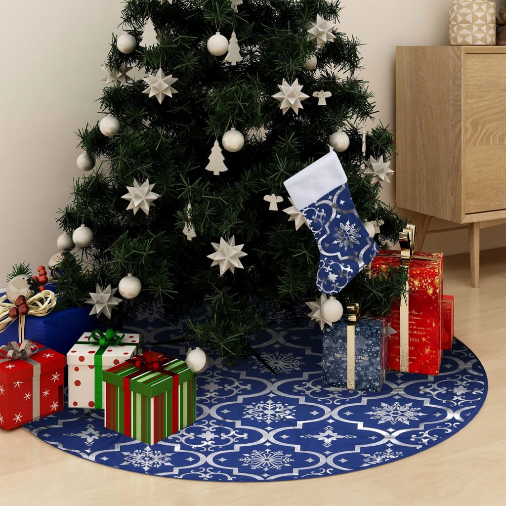 Saia de árvore de natal luxuosa 90 cm com meia tecido azul