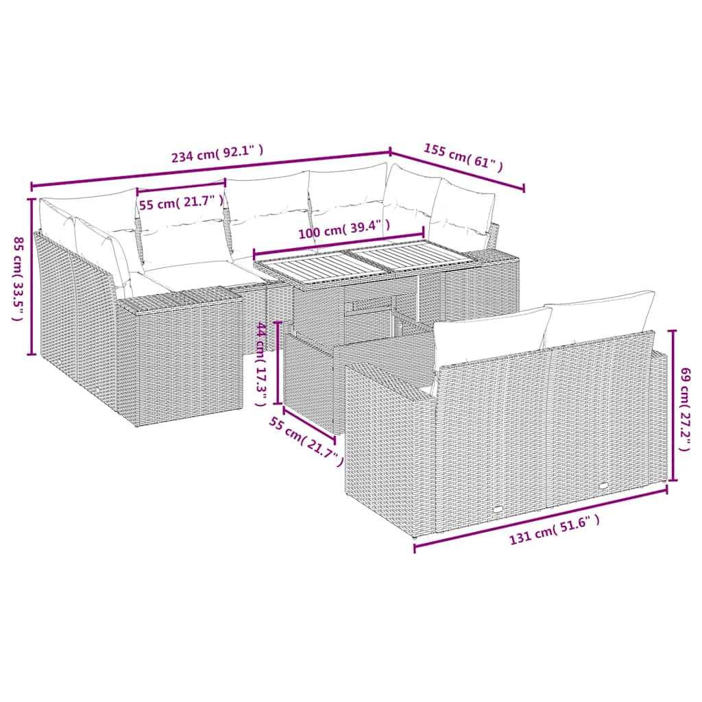 11 Pcs conjunto sofás de jardim c/ almofadões vime PE bege