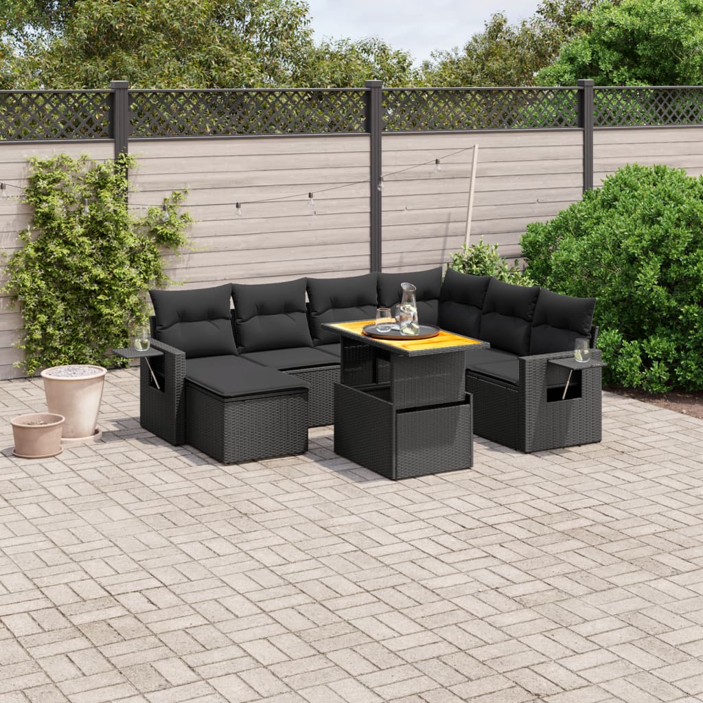 8 Pcs conjunto sofás de jardim com almofadões vime PE preto
