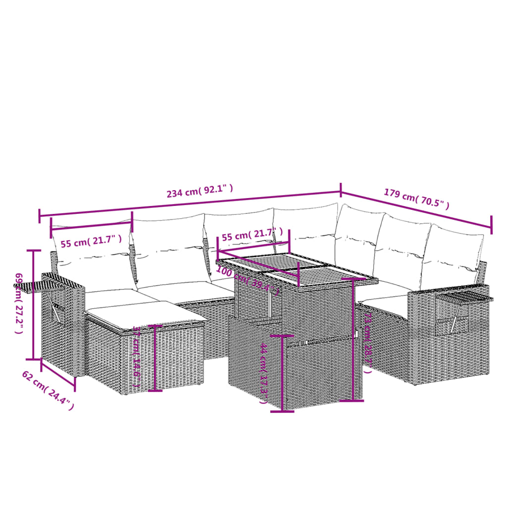8 Pcs conjunto sofás de jardim com almofadões vime PE preto