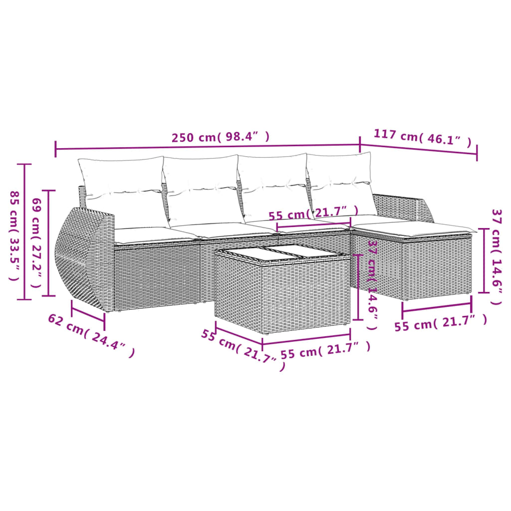 6 Pcs conjunto de sofás jardim c/ almofadões vime PE castanho