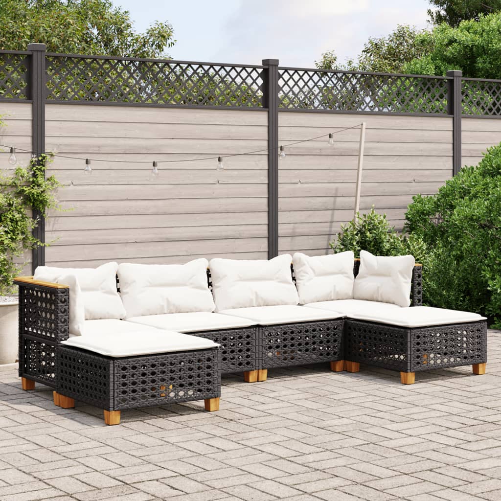 6 Pcs conjunto sofás de jardim c/ almofadões vime PE preto