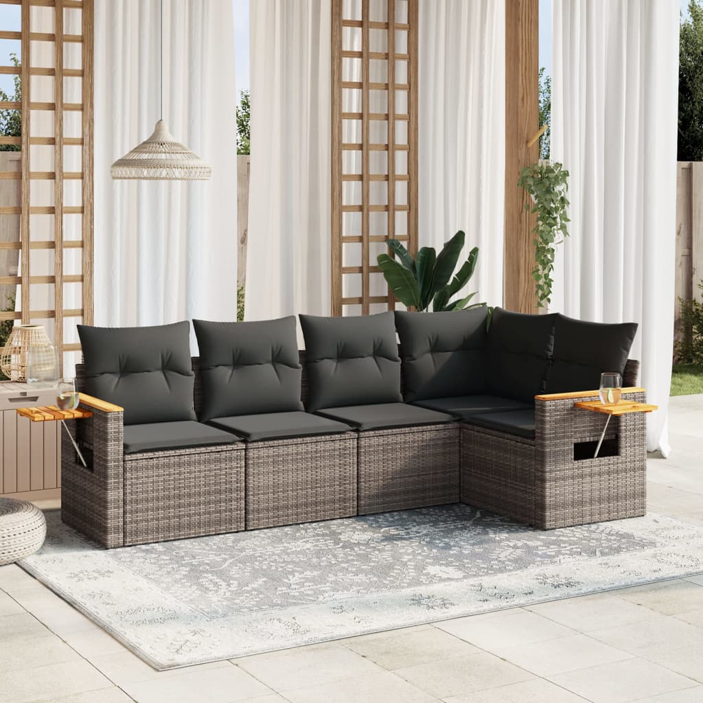 5 Pcs conjunto sofás de jardim c/ almofadões vime PE cinzento