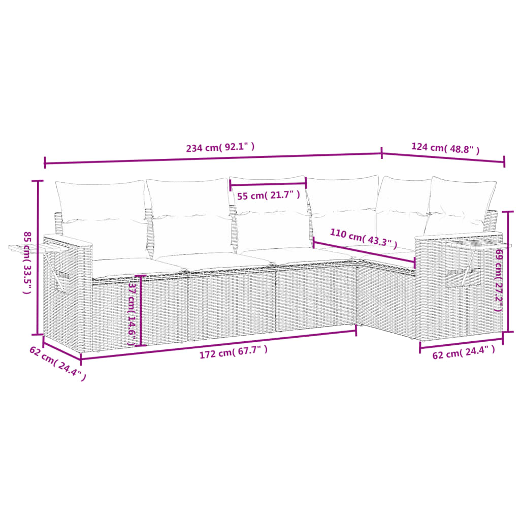 5 Pcs conjunto sofás de jardim c/ almofadões vime PE cinzento