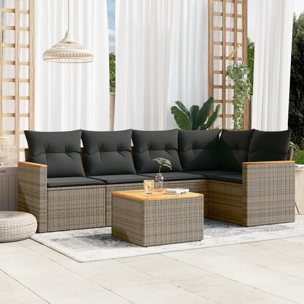 6 Pcs conjunto sofás de jardim com almofadões vime cinzento