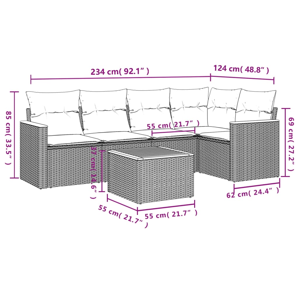 6 Pcs conjunto sofás de jardim com almofadões vime cinzento