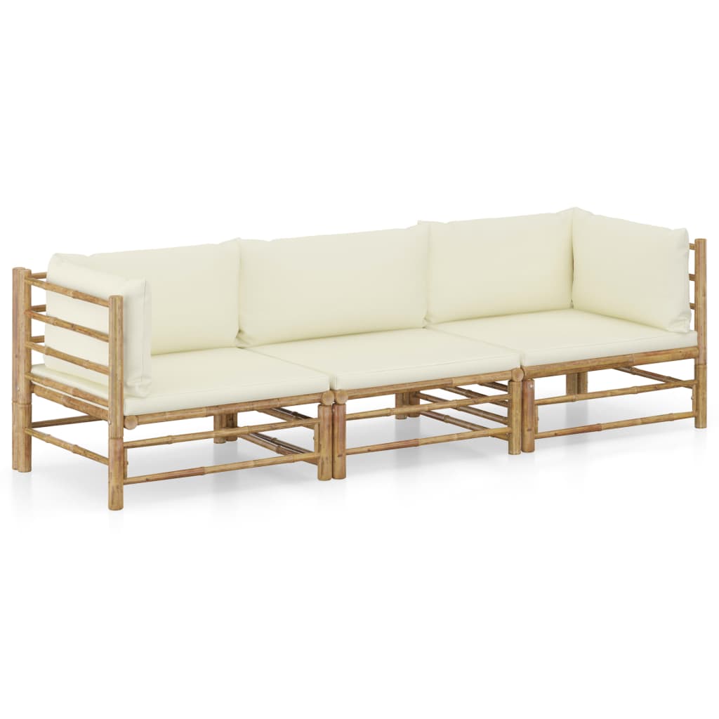 3 Pcs conj. lounge p/ jardim em bambu c/ almofadões branco nata