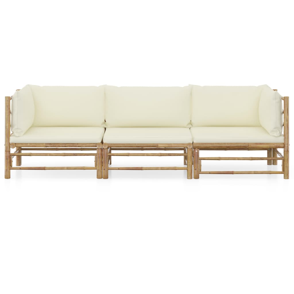 3 Pcs conj. lounge p/ jardim em bambu c/ almofadões branco nata