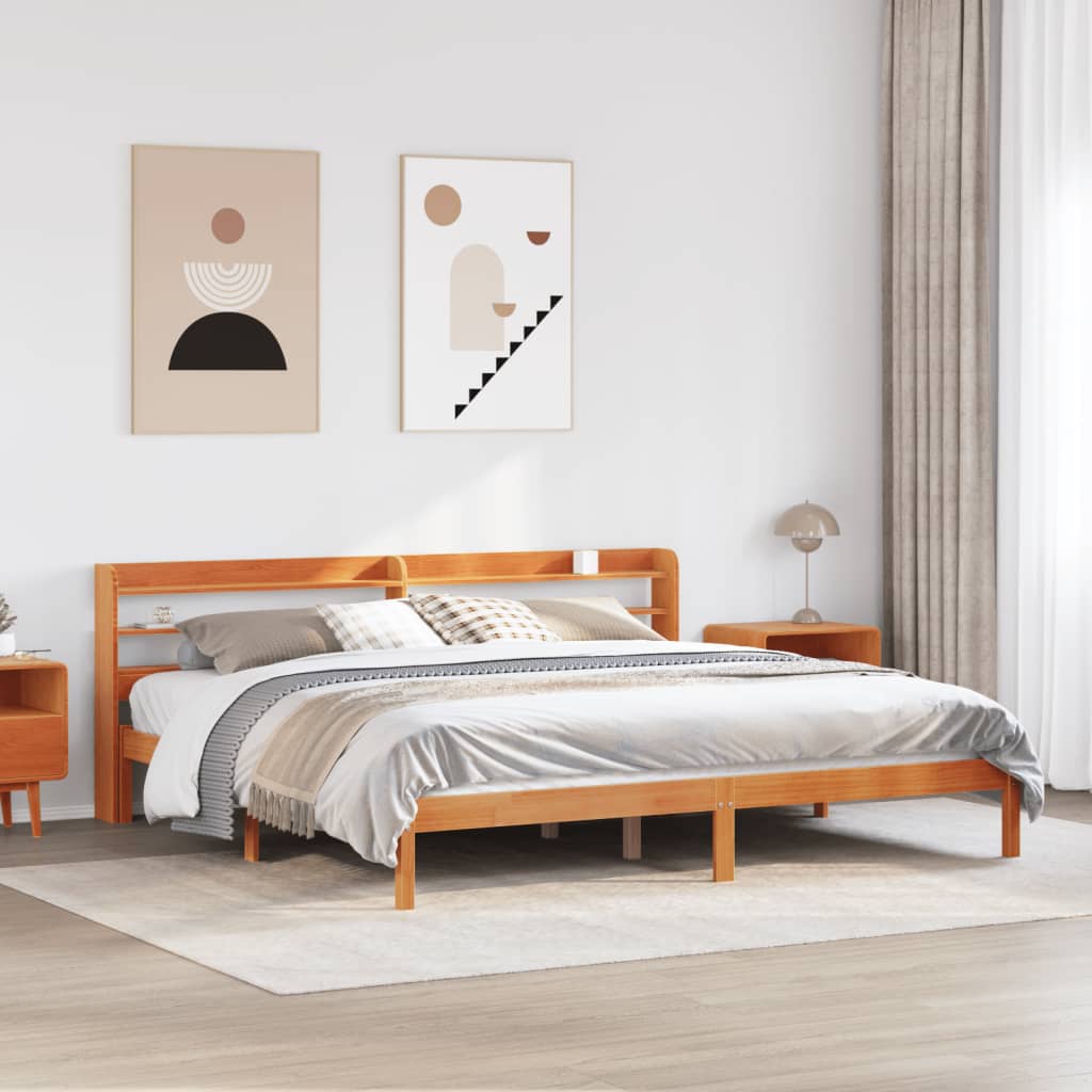 Estrutura cama c/ cabeceira 200x200cm pinho maciço castanho-mel