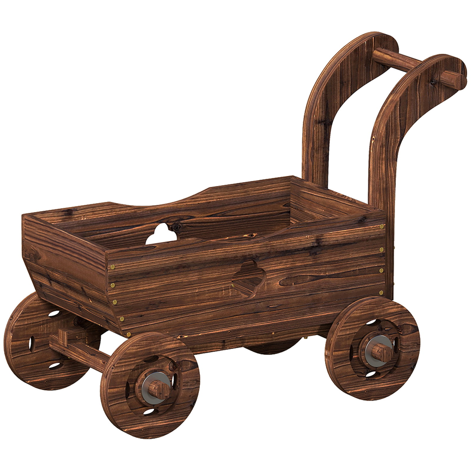 Carrinho de madeira decorativo vaso elevado com 4 rodas pega orifícios de drenagem 68x38x52 cm carbonizado