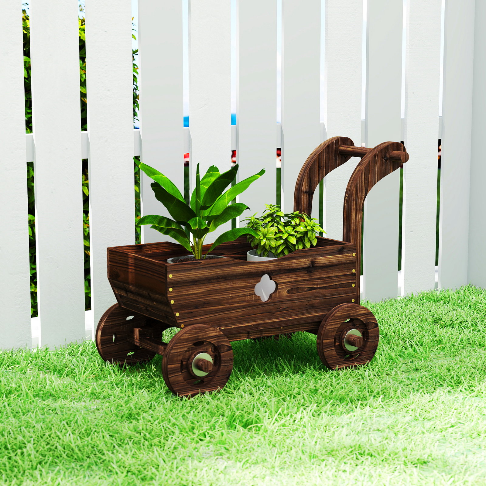 Carrinho de madeira decorativo vaso elevado com 4 rodas pega orifícios de drenagem 68x38x52 cm carbonizado