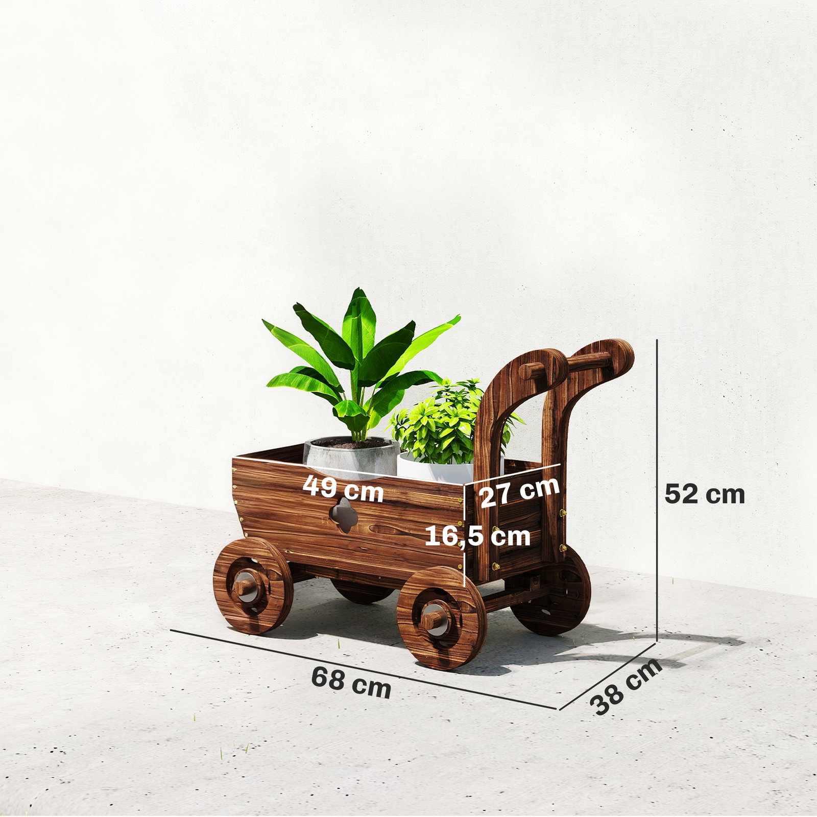 Carrinho de madeira decorativo vaso elevado com 4 rodas pega orifícios de drenagem 68x38x52 cm carbonizado