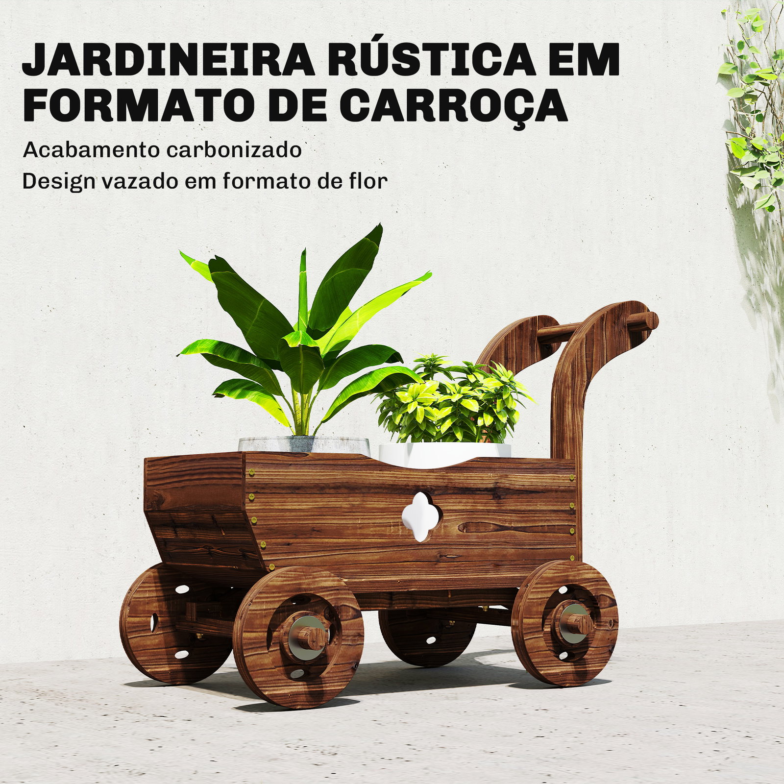 Carrinho de madeira decorativo vaso elevado com 4 rodas pega orifícios de drenagem 68x38x52 cm carbonizado
