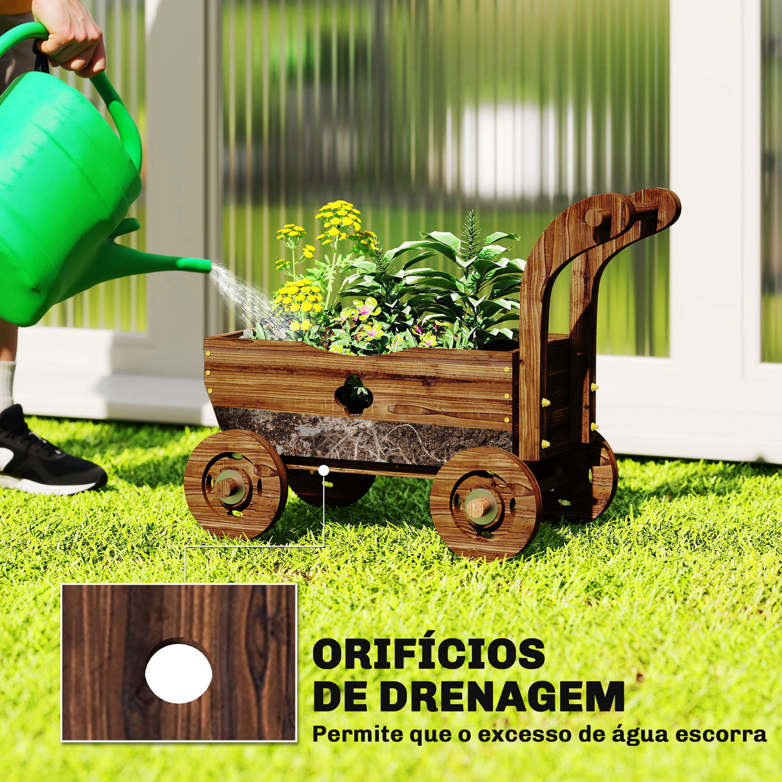 Carrinho de madeira decorativo vaso elevado com 4 rodas pega orifícios de drenagem 68x38x52 cm carbonizado