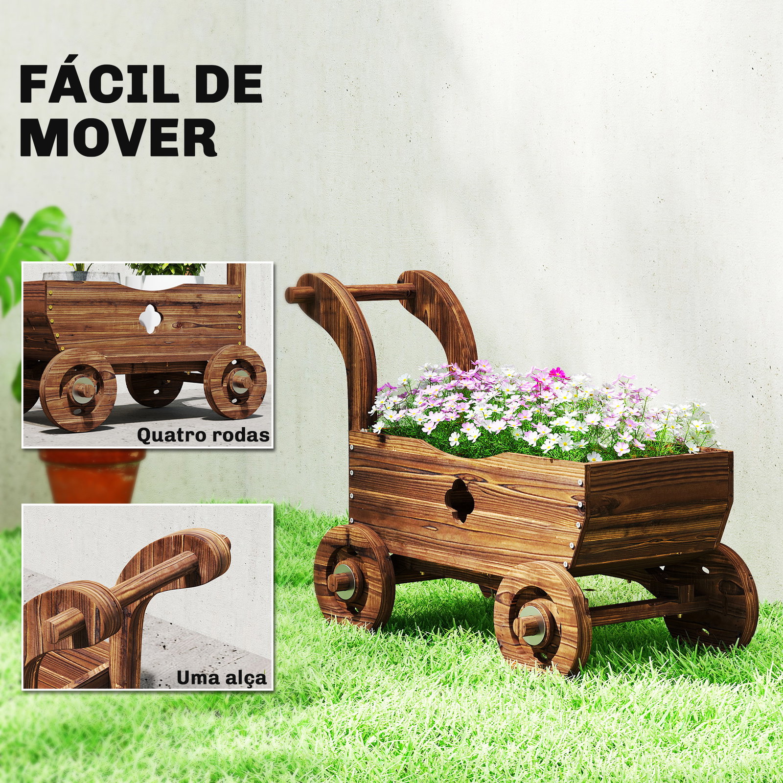 Carrinho de madeira decorativo vaso elevado com 4 rodas pega orifícios de drenagem 68x38x52 cm carbonizado