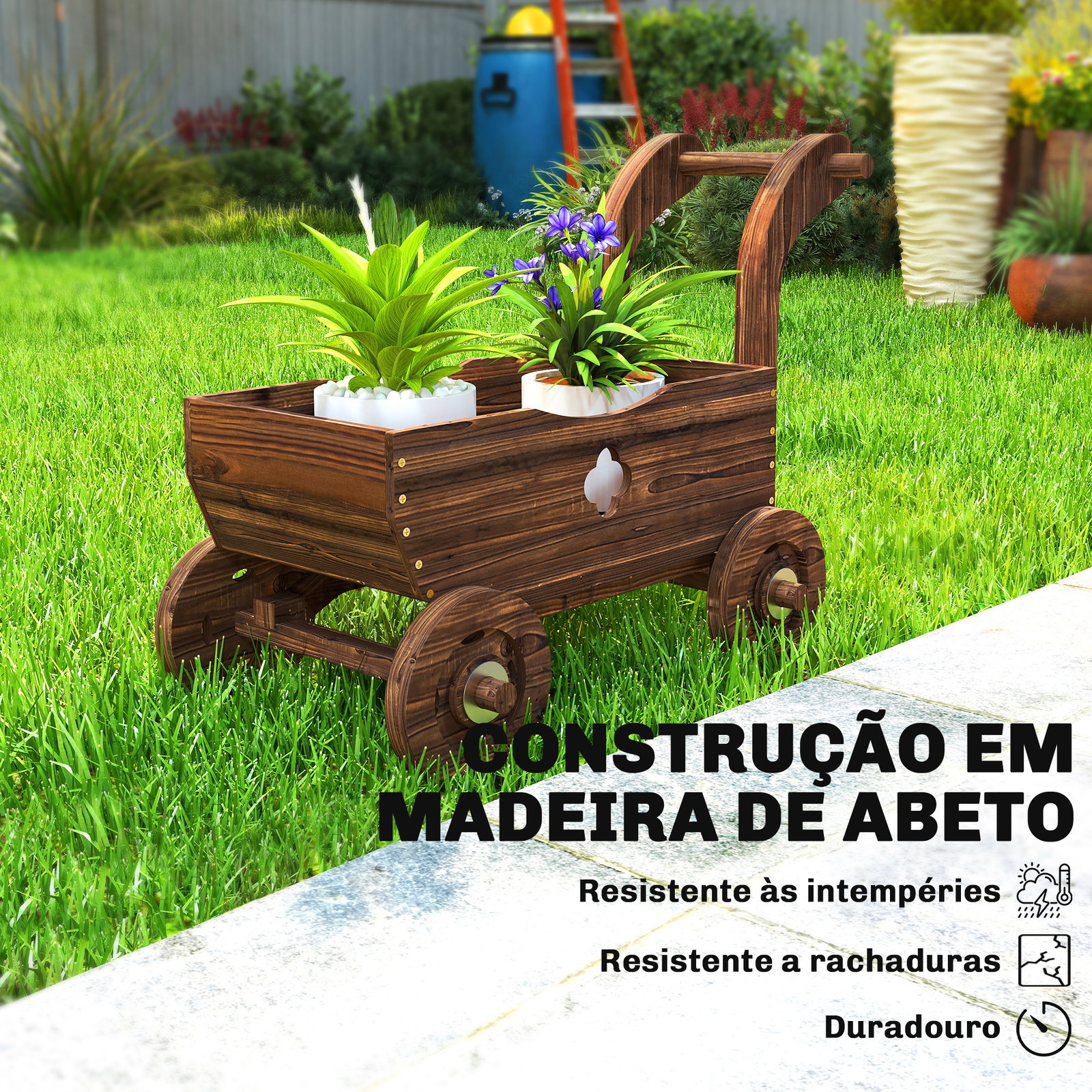 Carrinho de madeira decorativo vaso elevado com 4 rodas pega orifícios de drenagem 68x38x52 cm carbonizado