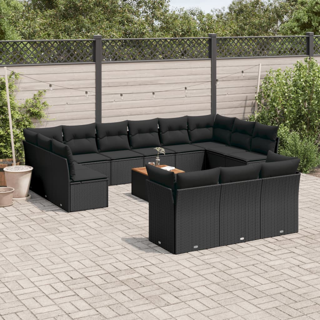 14 Pcs conjunto de sofás p/ jardim c/ almofadões vime PE preto