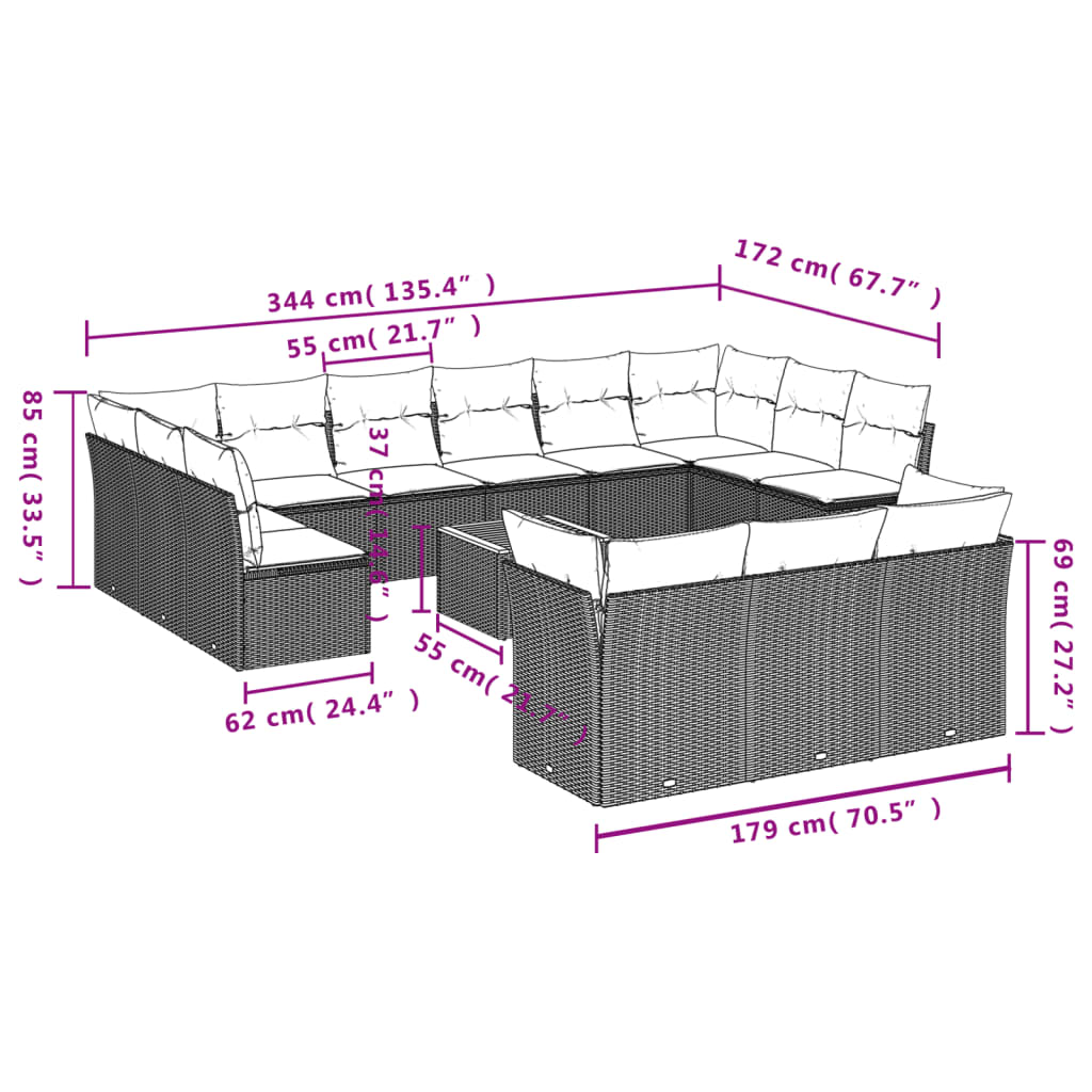 14 Pcs conjunto de sofás p/ jardim c/ almofadões vime PE preto
