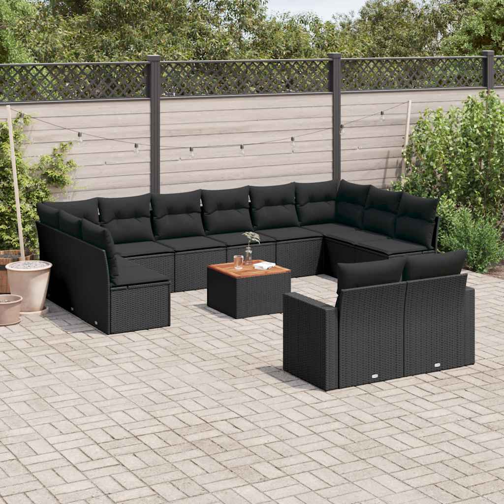 13 Pcs conjunto de sofás de jardim com almofadões vime PE preto