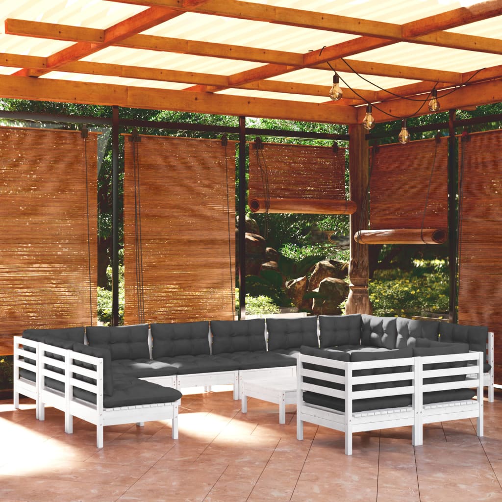 13 Pcs conjunto lounge de jardim c/ almofadões pinho branco