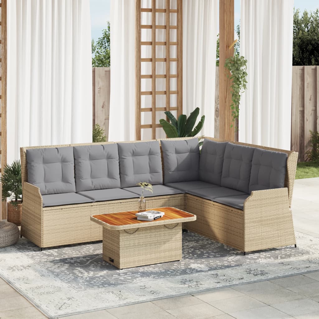 5 Pcs conjunto lounge p/ jardim com almofadões vime PE bege