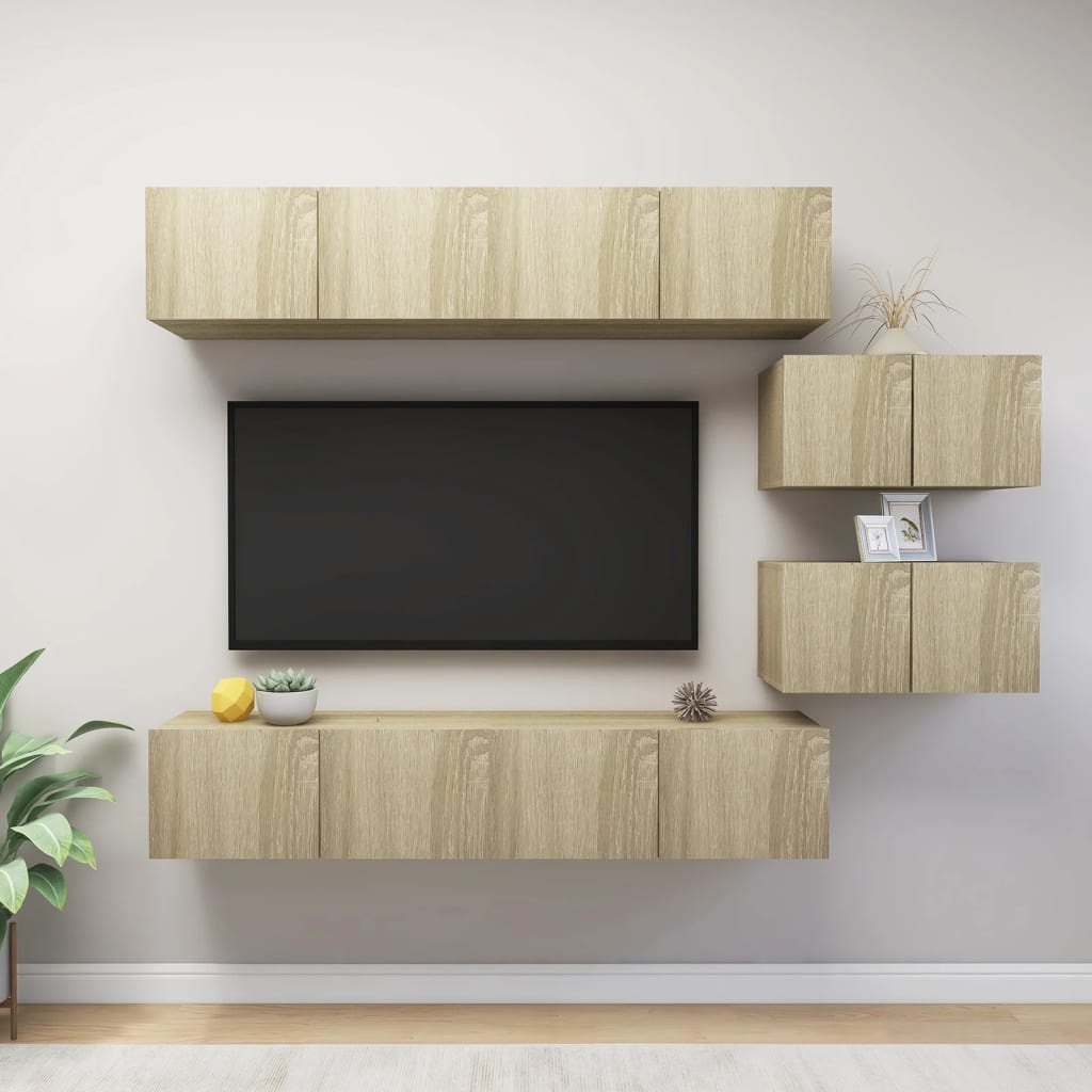 6 Pcs conjunto móveis de TV derivados madeira carvalho sonoma