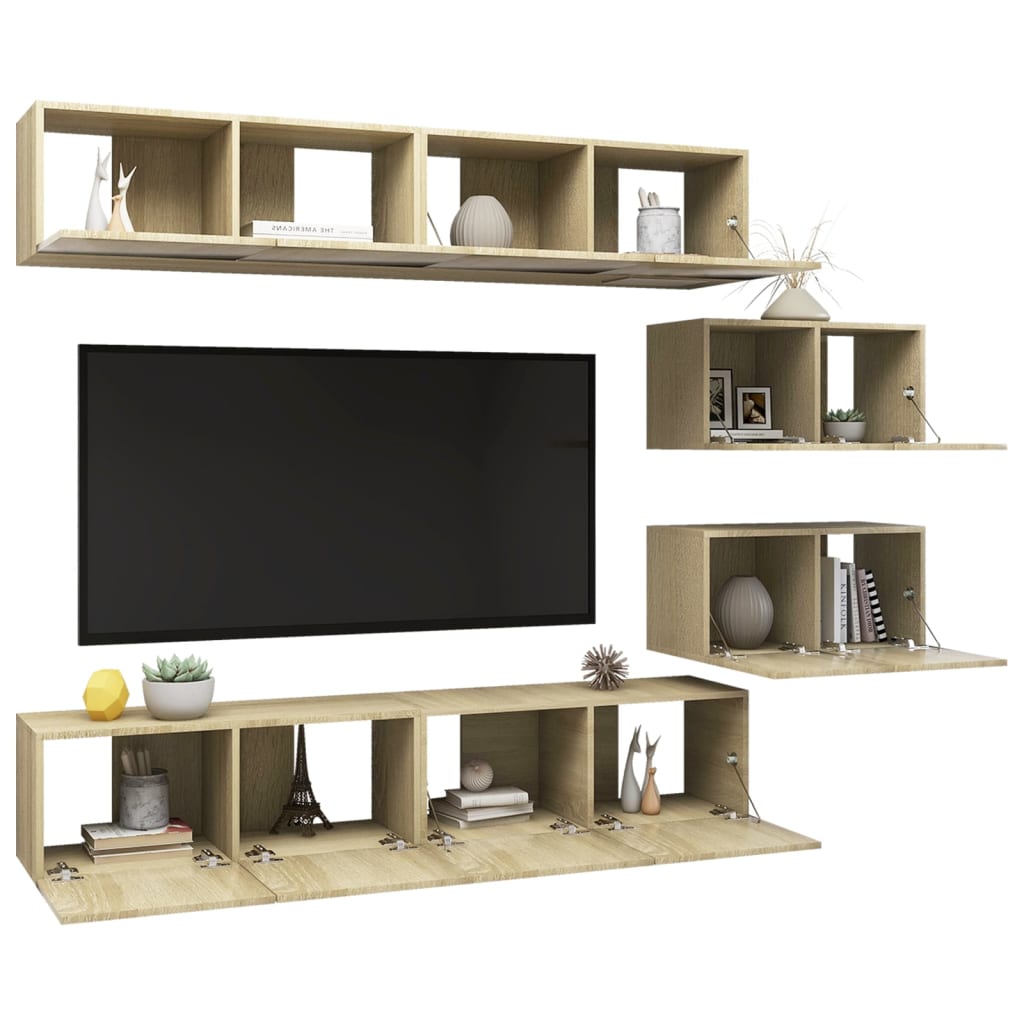 6 Pcs conjunto móveis de TV derivados madeira carvalho sonoma