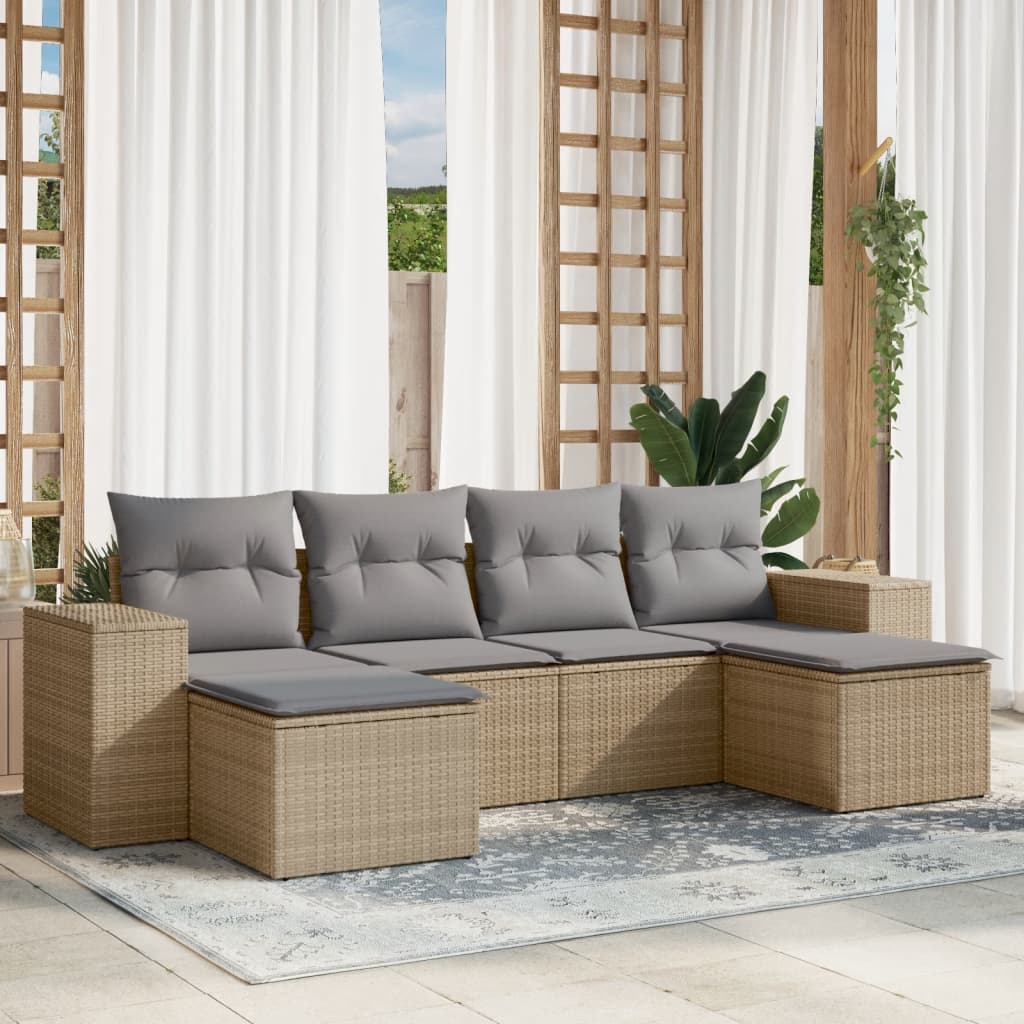 6 Pcs conjunto de sofás p/ jardim com almofadões vime PE bege