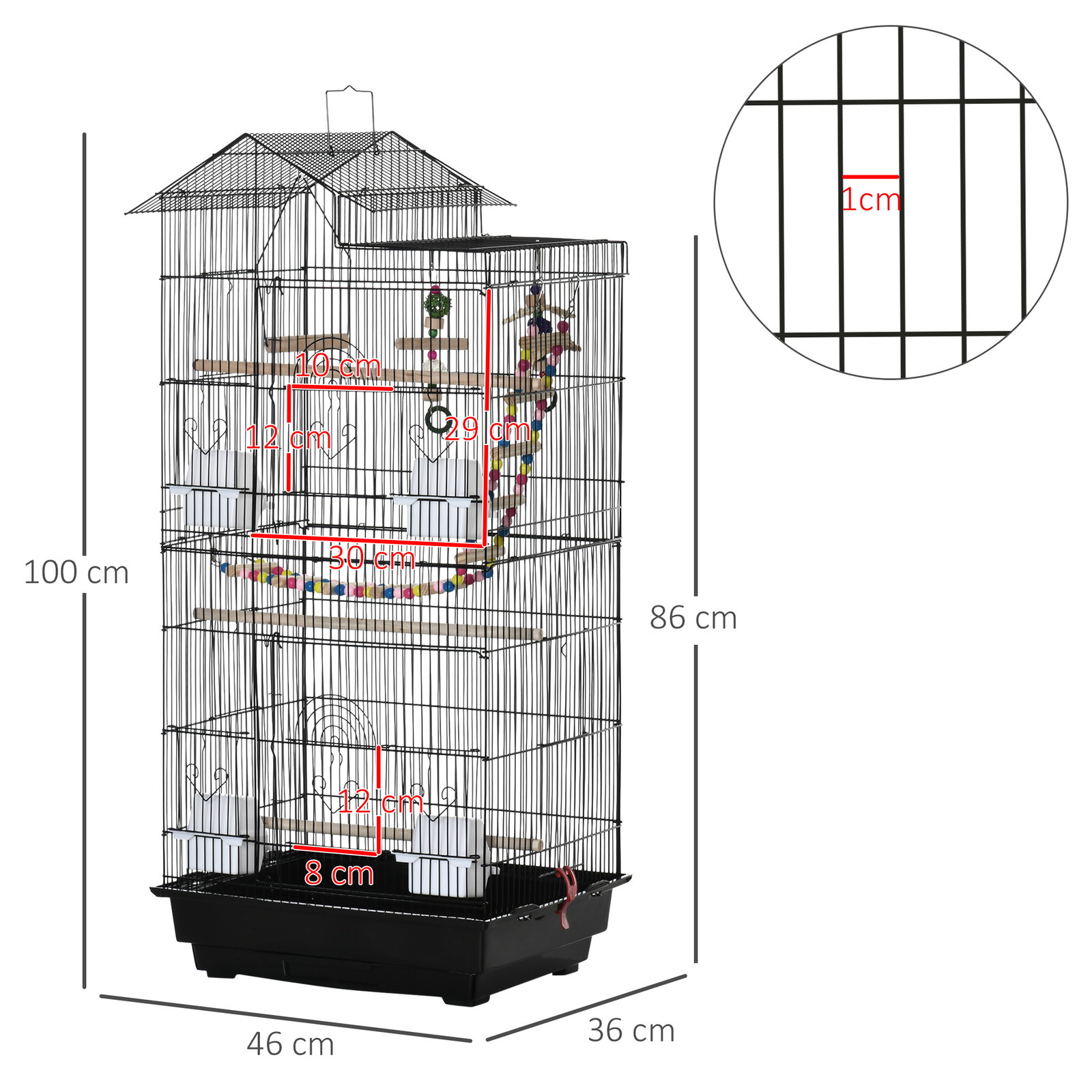 Gaiola para Passáros Gaiola de Metal com Múltiplas Portas 4 Comedouros 3 Poleiros Baloiço Escadas e Bandeja Removível para Periq