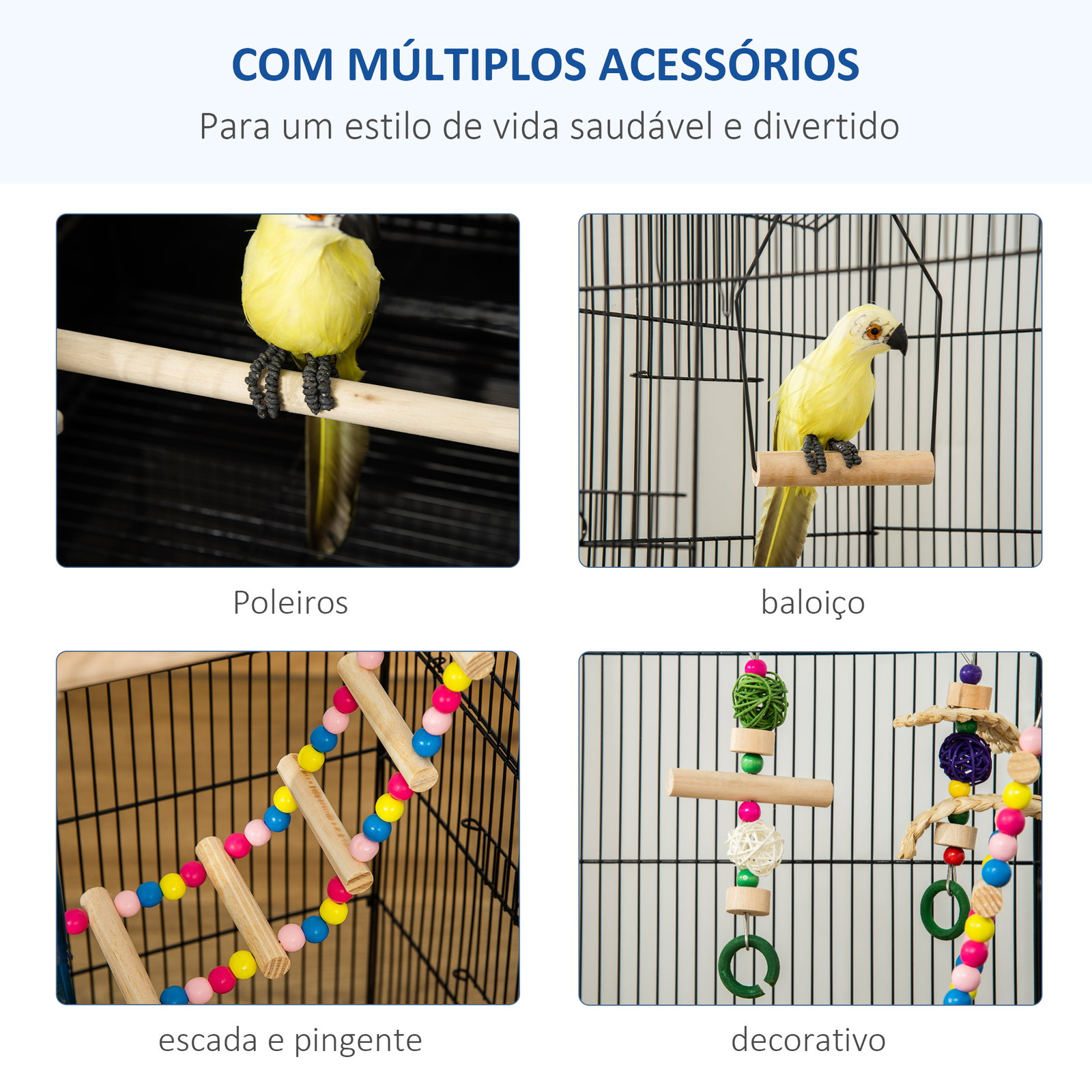Gaiola para Passáros Gaiola de Metal com Múltiplas Portas 4 Comedouros 3 Poleiros Baloiço Escadas e Bandeja Removível para Periq